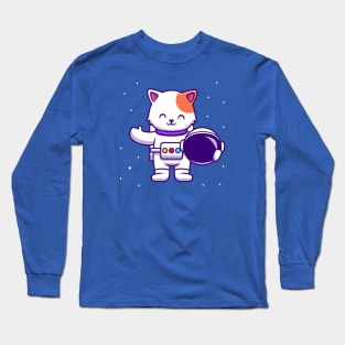 Cute Astronaut Cat Holding Helmet Long Sleeve T-Shirt